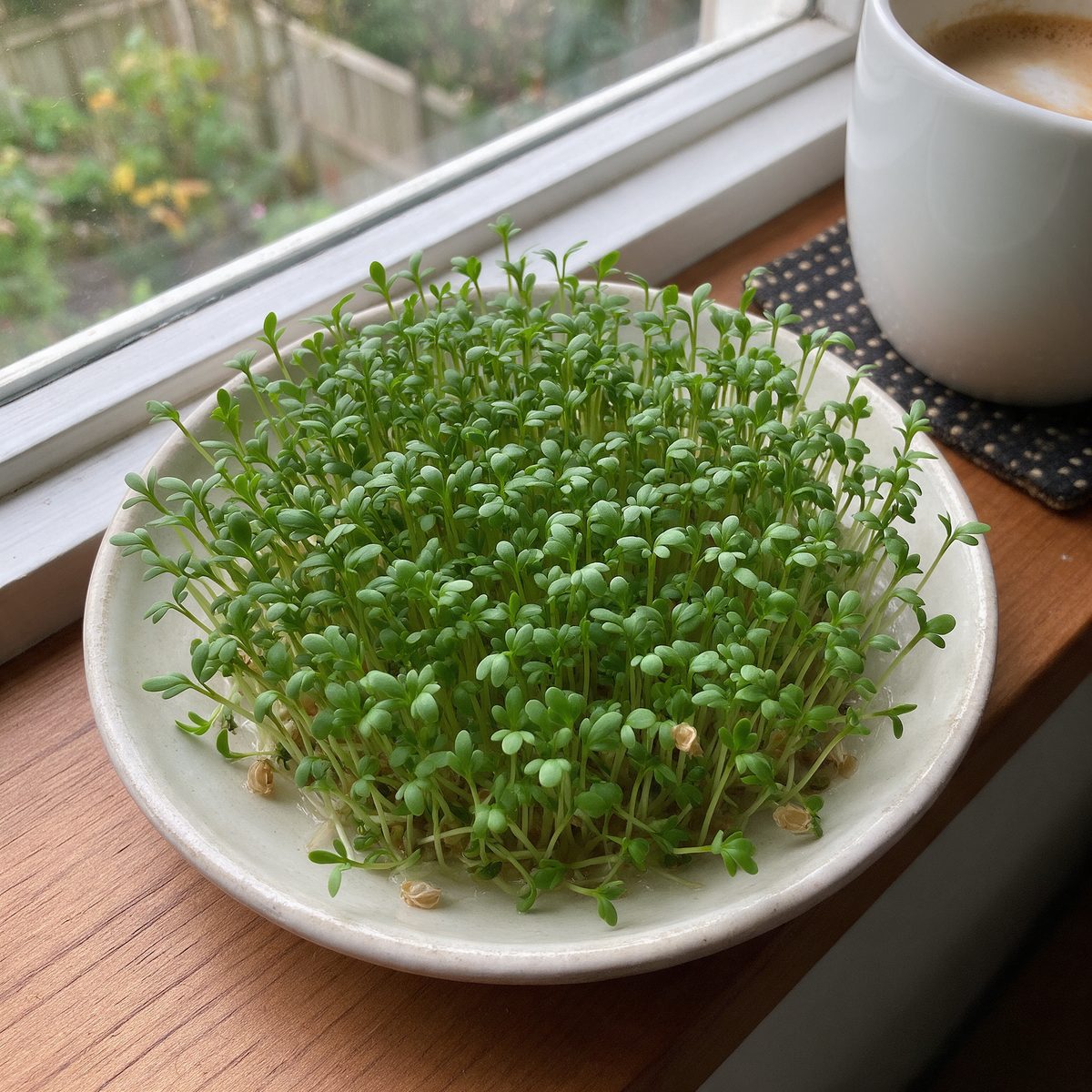 Frische Kresse in einer Schale auf der Fensterbank